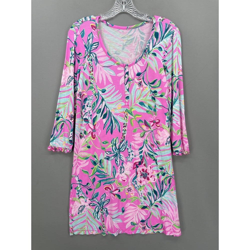 Lilly Pulitzer Dress Small Pink Floral Jersey Henley T-Shirt Shift 3/4 Sleeve S